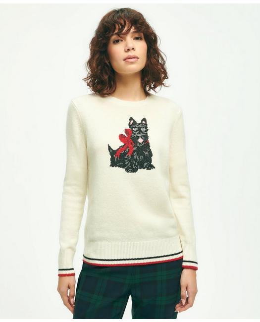 Brooks Brothers Women's Merino Wool-Cashmere Crewneck Scottie Dog Sweater Ivory