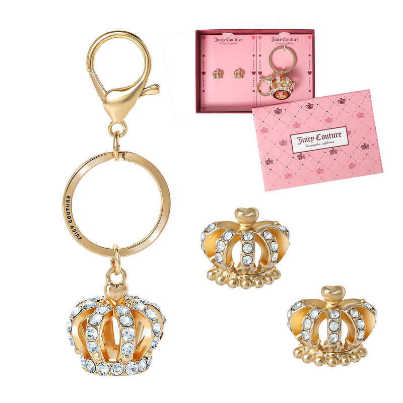 Gold-Tone Crystal Crown Keychain Bag Charm & Earring Set