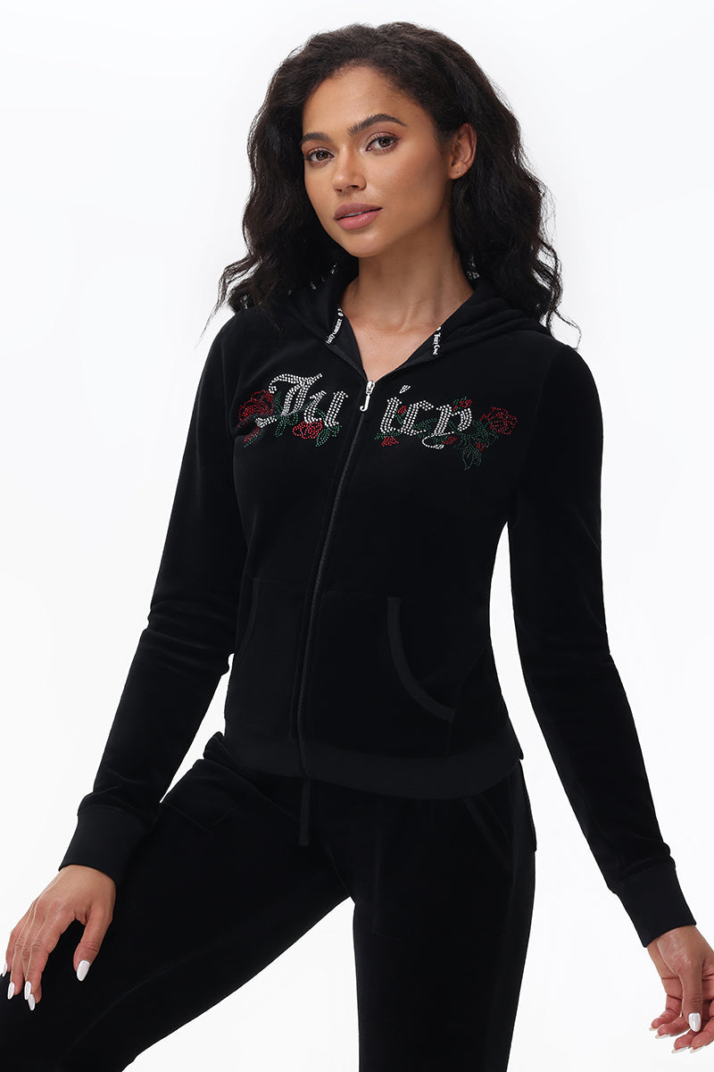 Juicy Roses Bling Cotton Velour Hoodie - Juicy Couture