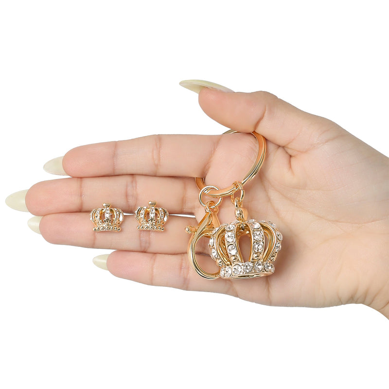Gold-Tone Crystal Crown Keychain Bag Charm & Earring Set