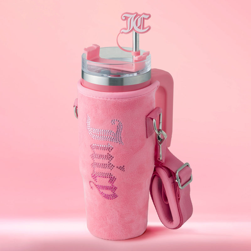 Jetsetter Hydration Stainless Steel Tumbler with Handle, Straw & Topper with Velour Crossbody Pouch