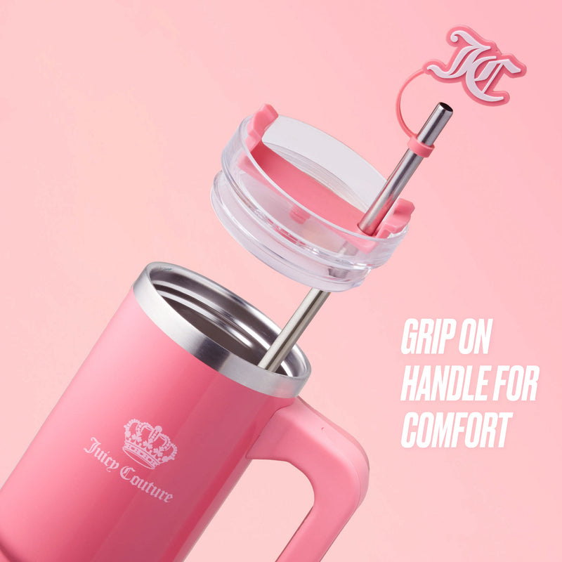 Jetsetter Hydration Stainless Steel Tumbler with Handle, Straw & Topper with Velour Crossbody Pouch