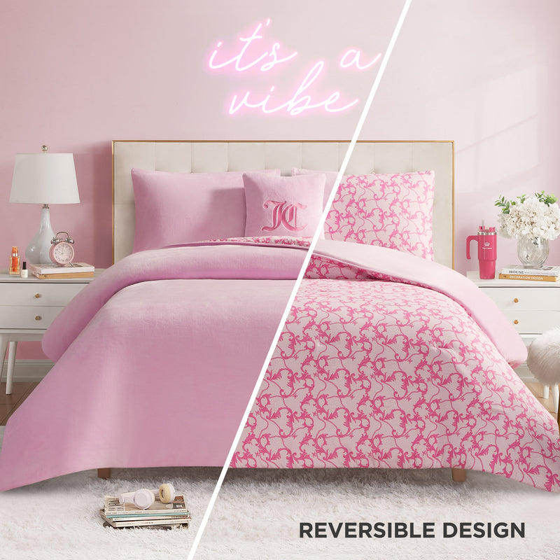 Solid Plush Reversible Cheetah Bows Comforter Set