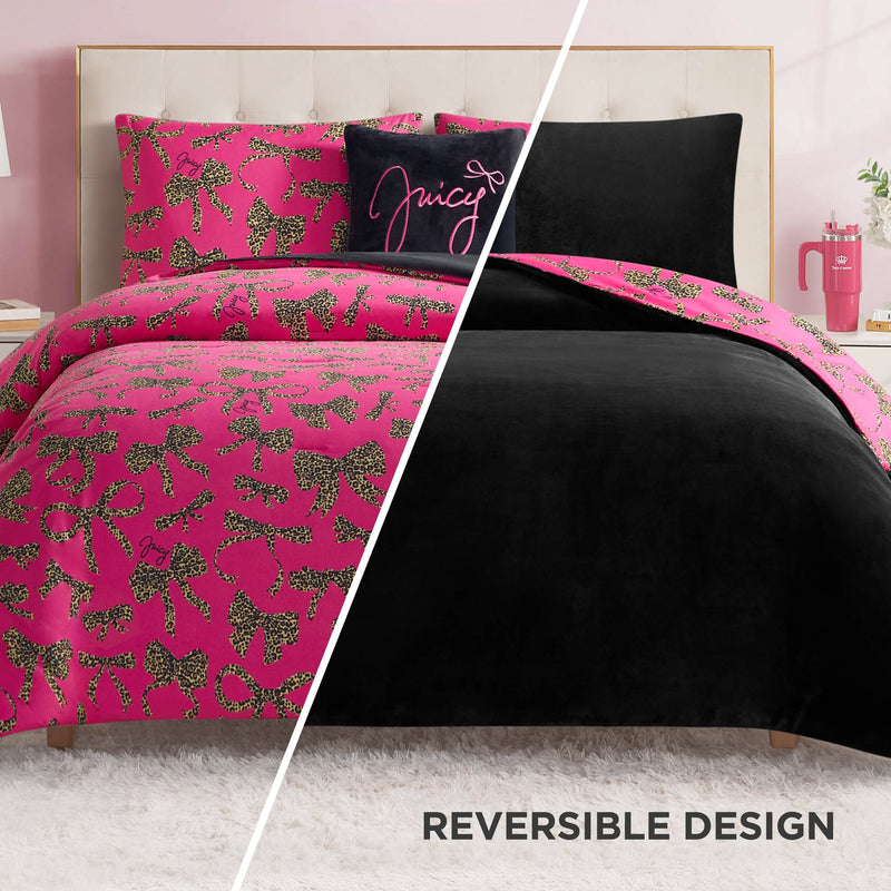 Solid Plush Reversible Cheetah Bows Comforter Set