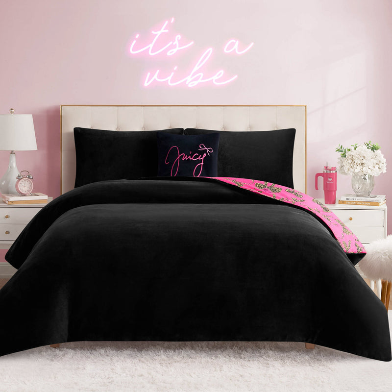 Solid Plush Reversible Cheetah Bows Comforter Set