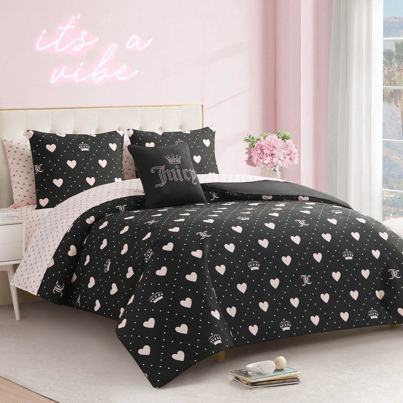 Diamond Hearts Black Comforter Bed in a Bag Bedding Set