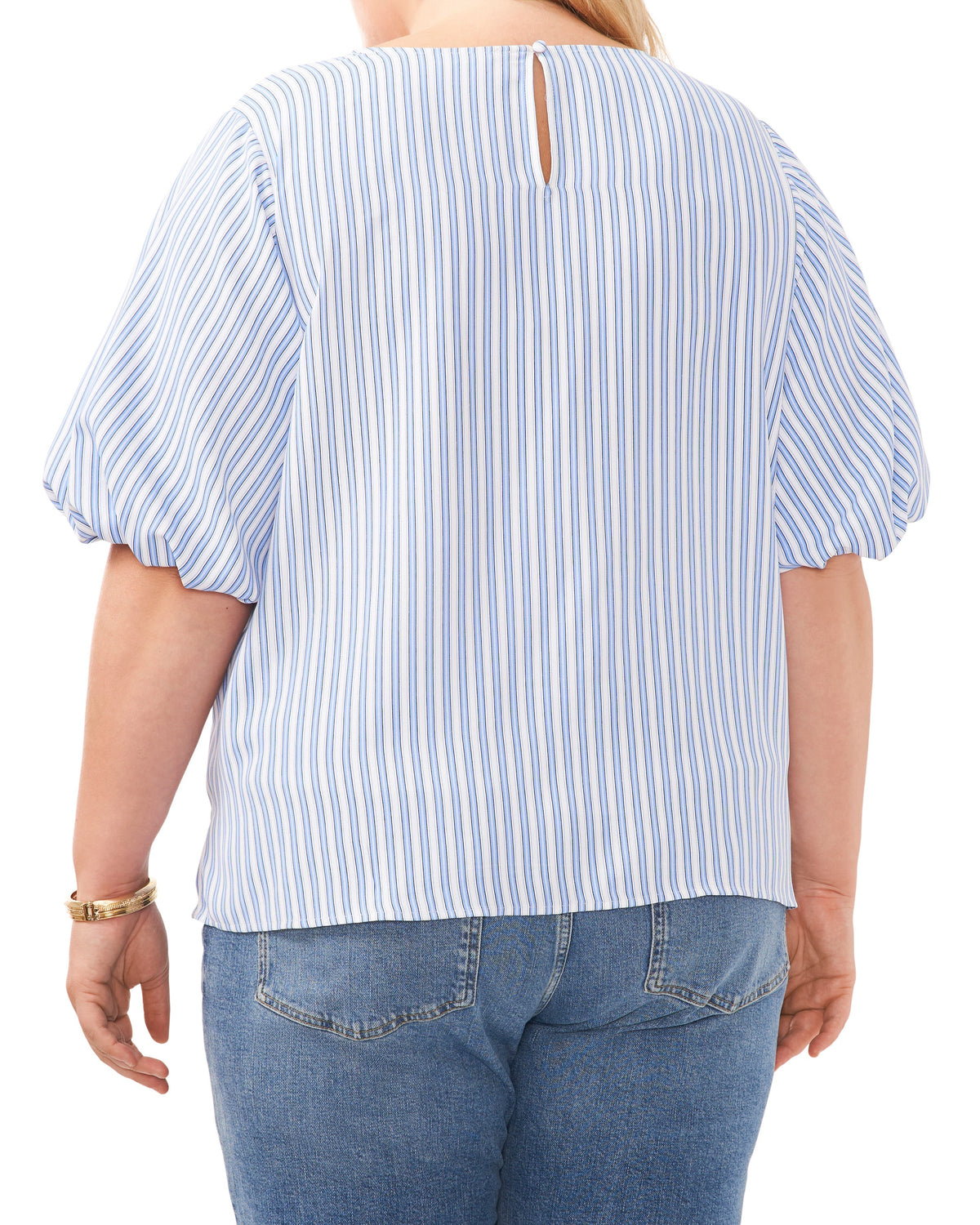 Plus-Size Stripe Print Puff Sleeve Blouse