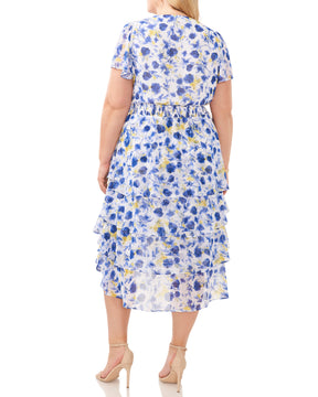 Plus-Size Floral Print Tiered V-Neck Dress