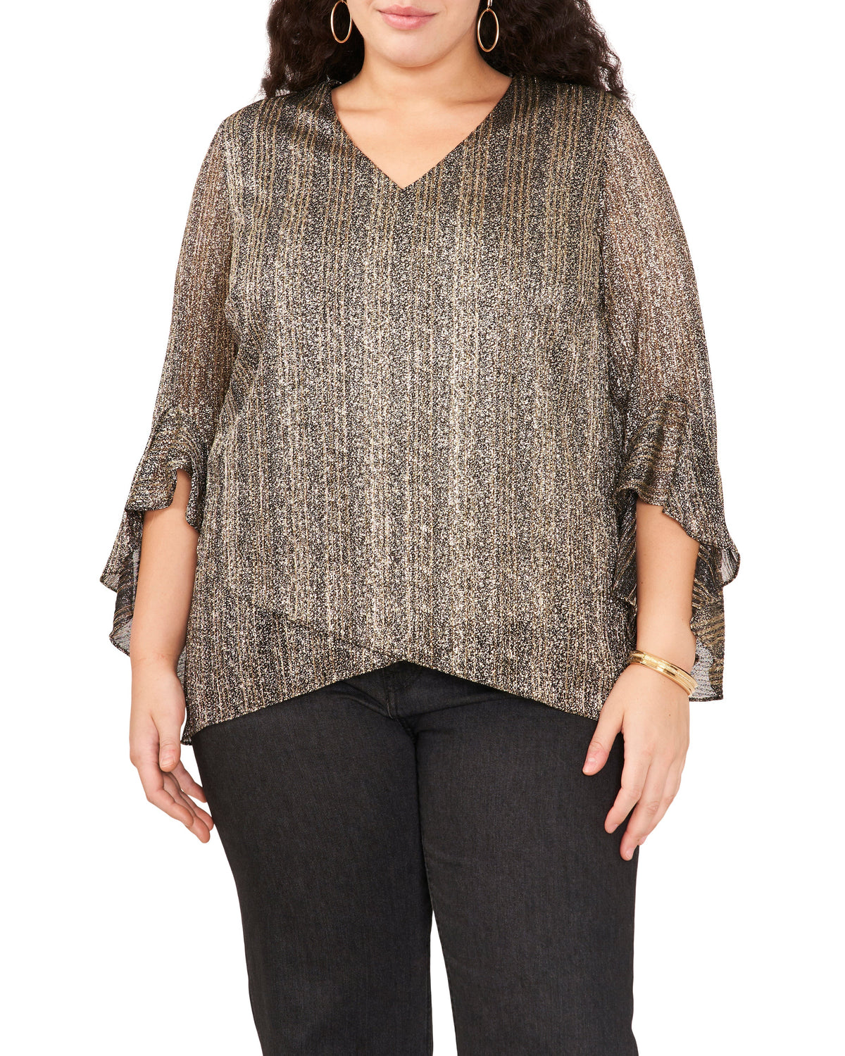 Plus-Size Metallic Stripe Flutter Sleeve Blouse