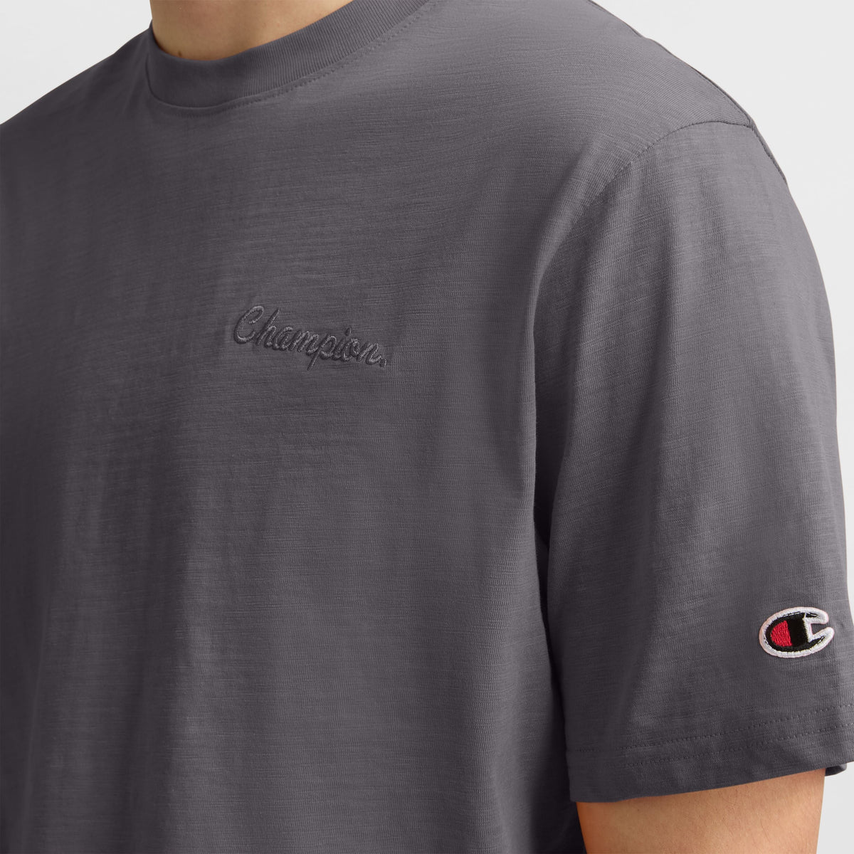 Curved Hem Slub T-Shirt, Embroidered Script