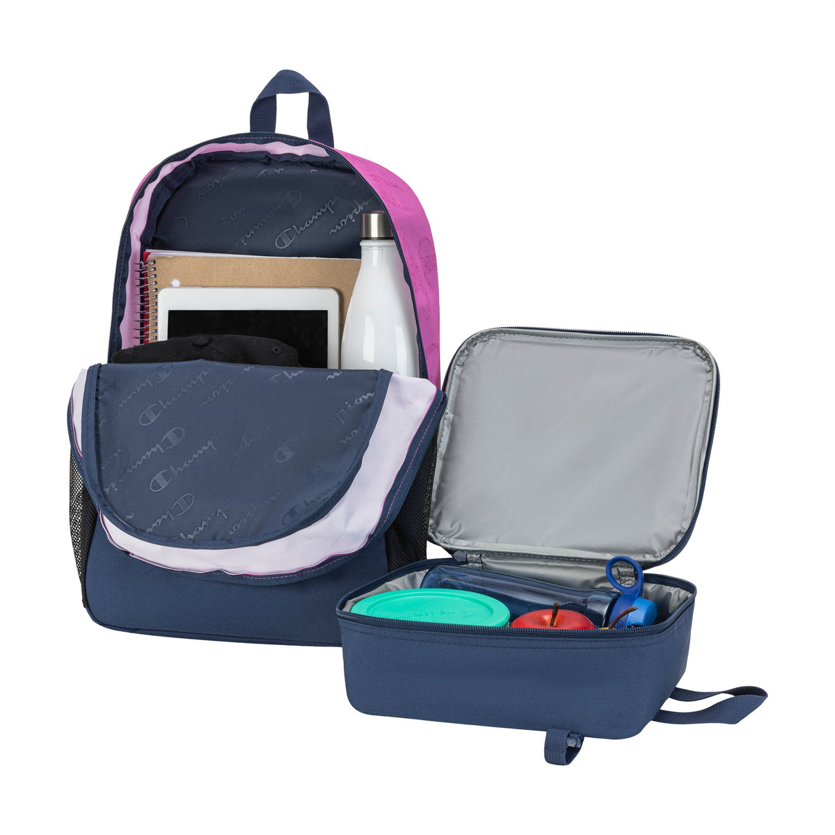Navy backpack with purple accents, open to reveal organized compartments with items inside.