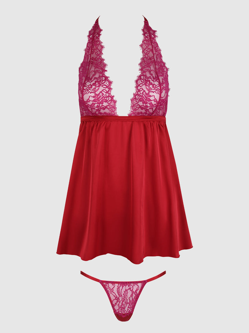 Rosalind Lace & Satin Halter Neck Drop Off Babydoll