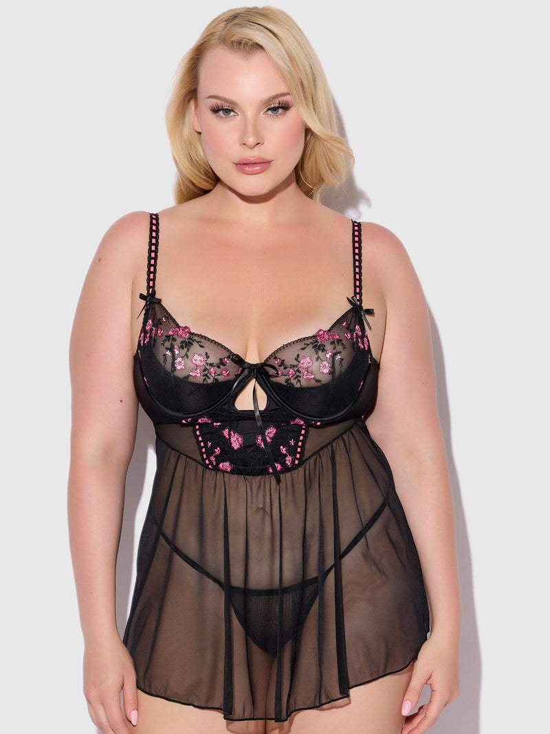 Harlow Embroidered Mesh & Elastic Longline Babydoll