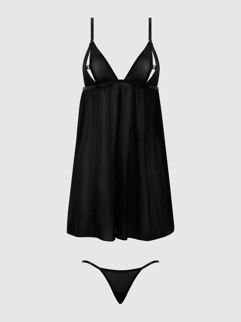 Pia Shine Mesh O-Ring Open Cup Babydoll Set