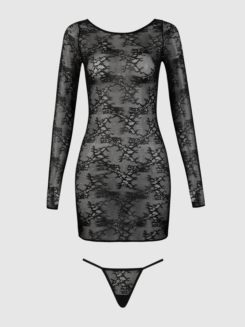 Pia Lace Long Sleeve Chemise Dress & G-String