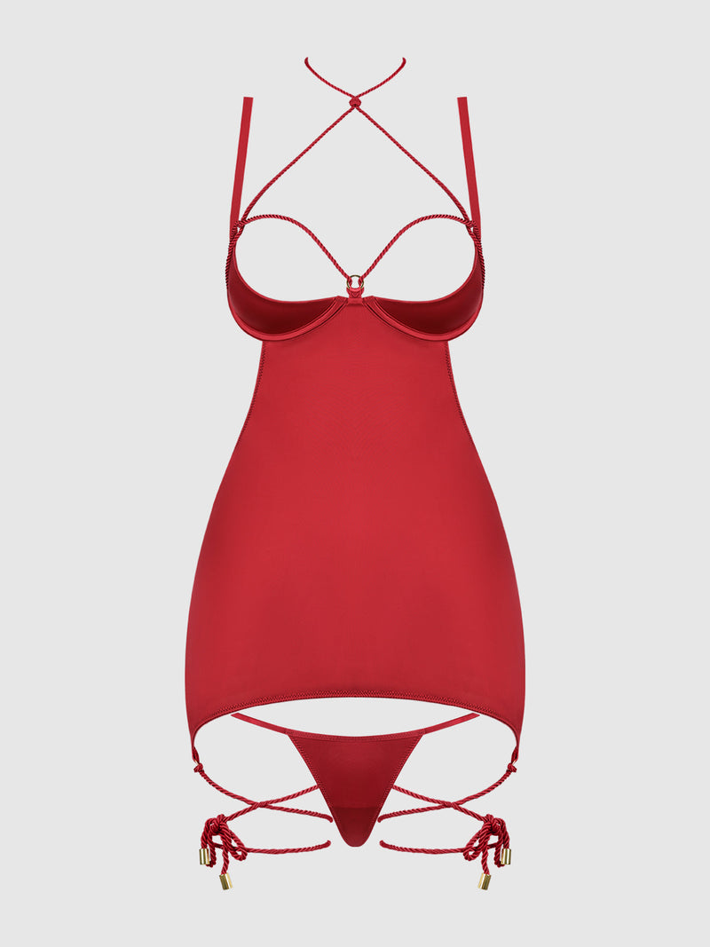 Nadya Liquid Satin & Rope Open Back Chemise & G-String Set