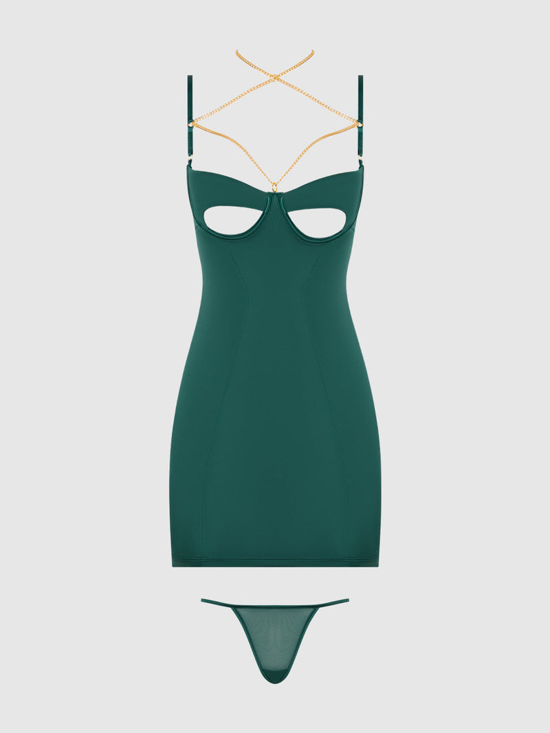 Emery Liquid Satin & Chain Open Cup & Back Chemise Set