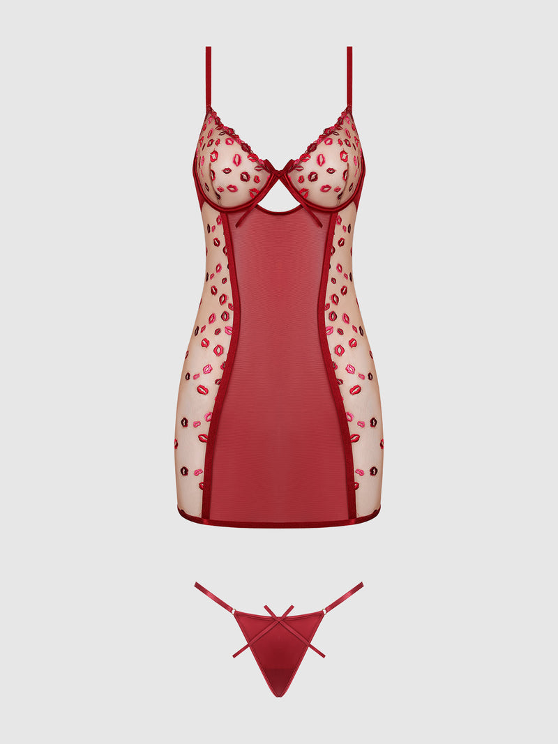 Angelica Lips Embroidery Open Bow Back Chemise Set