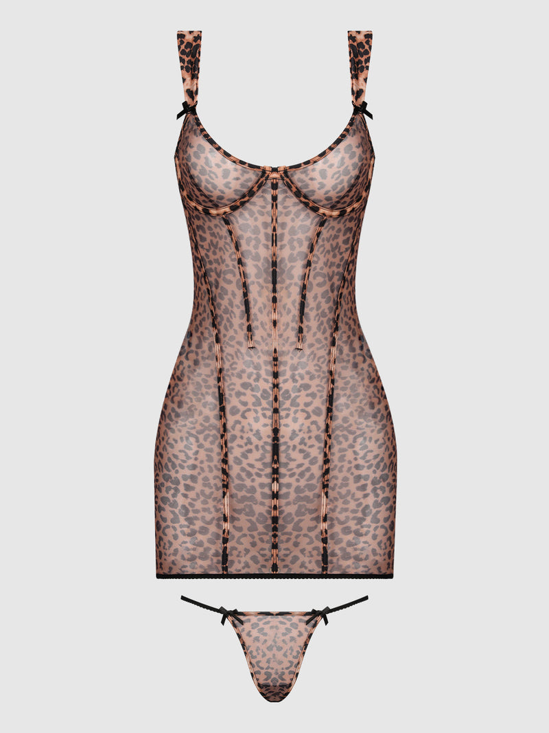 Kaia Leopard Mesh Underwire Chemise & G-String Set
