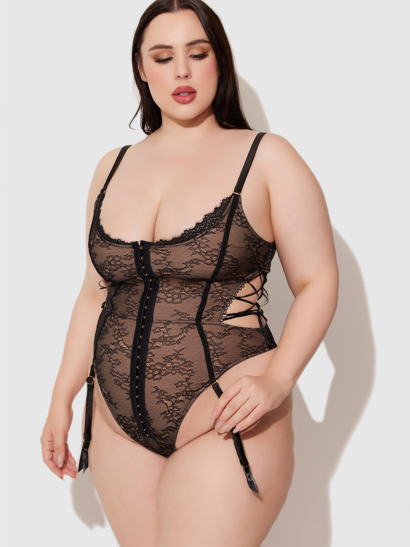 Luella Hook & Eye Front Strappy Lace Teddy - Frederick's Of Hollywood