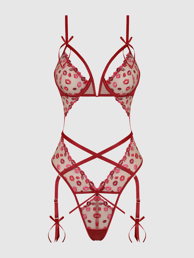 Angelica Lips Embroidery Cutout Teddy