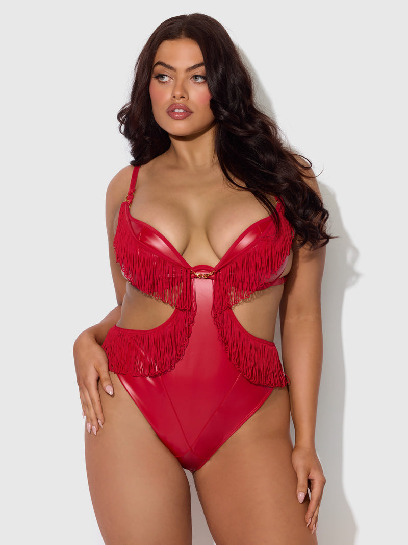 Hendrix Faux Leather & Fringe Crotchless Teddy