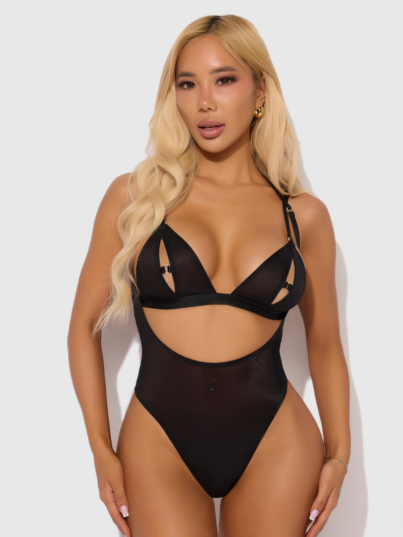 Pia Shine Mesh Open Cup, Backless Teddy & Bralette Set