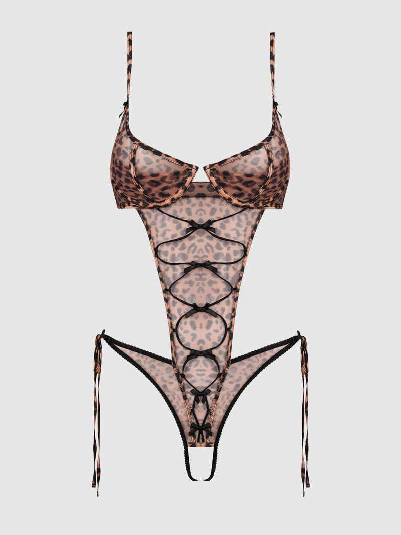 Kaia Leopard Mesh Crotchless Teddy