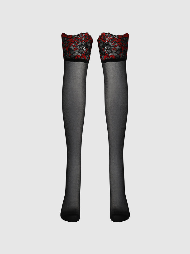 Glossy Cross Dye Lace Top Sheer Stay Up Thigh Highs