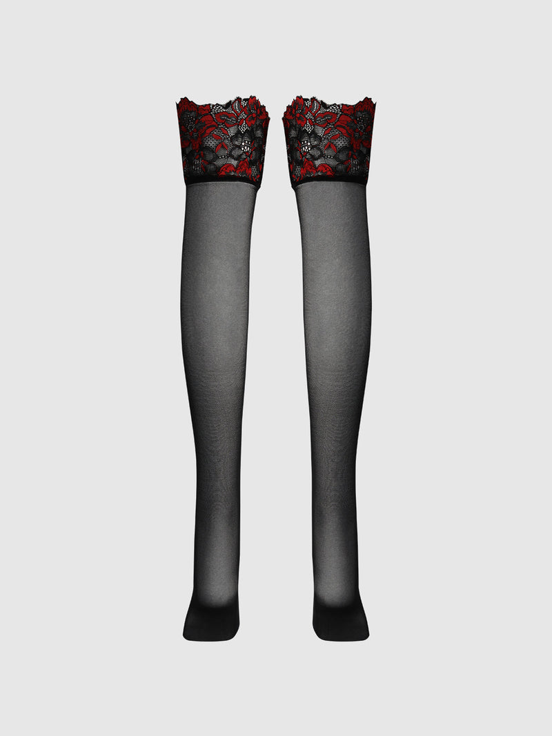 Glossy Cross Dye Lace Top Sheer Stay Up Thigh Highs