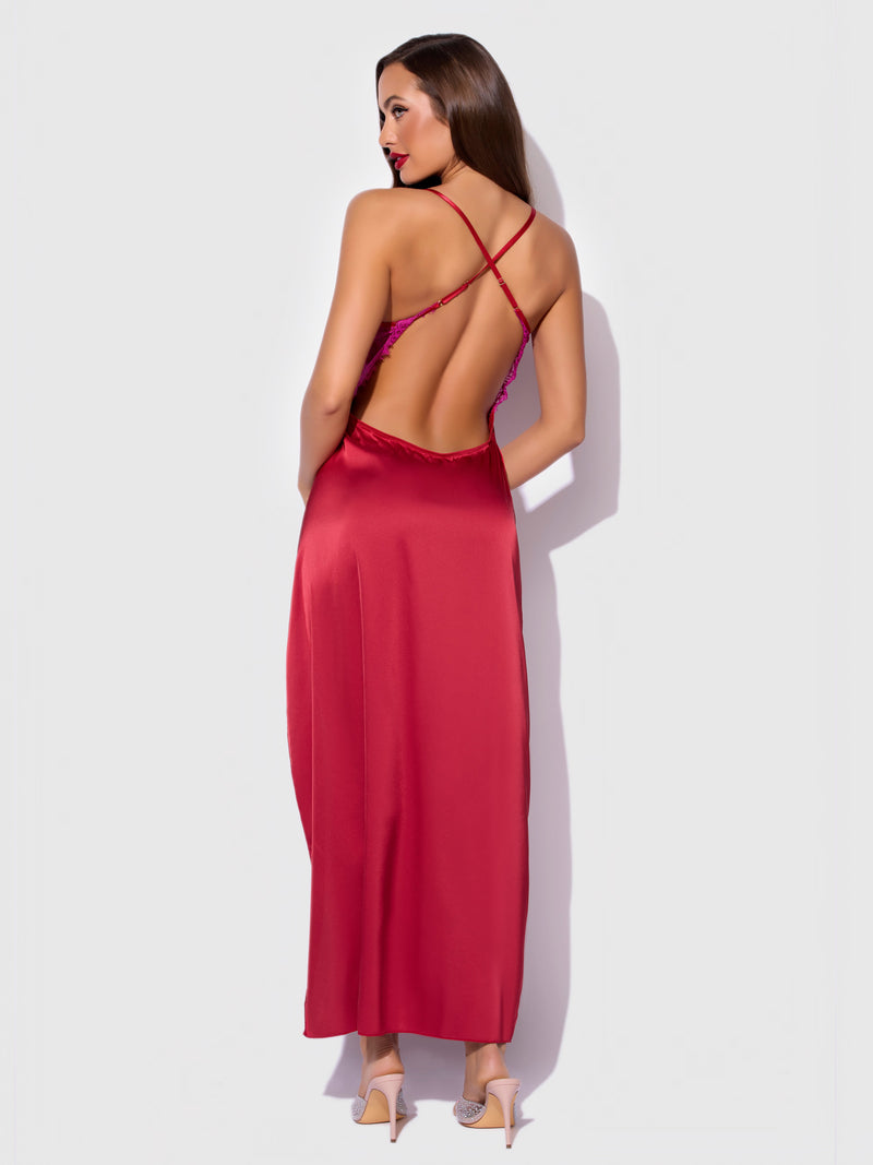 Rosalind Satin & Lace Long High Slit Gown