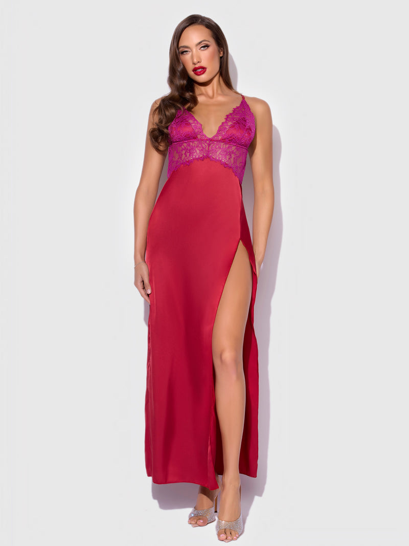 Rosalind Satin & Lace Long High Slit Gown