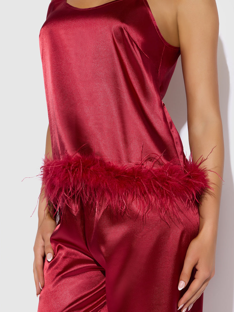 Scarlett Satin Sleep Cami & Long Pant With Feather Trim