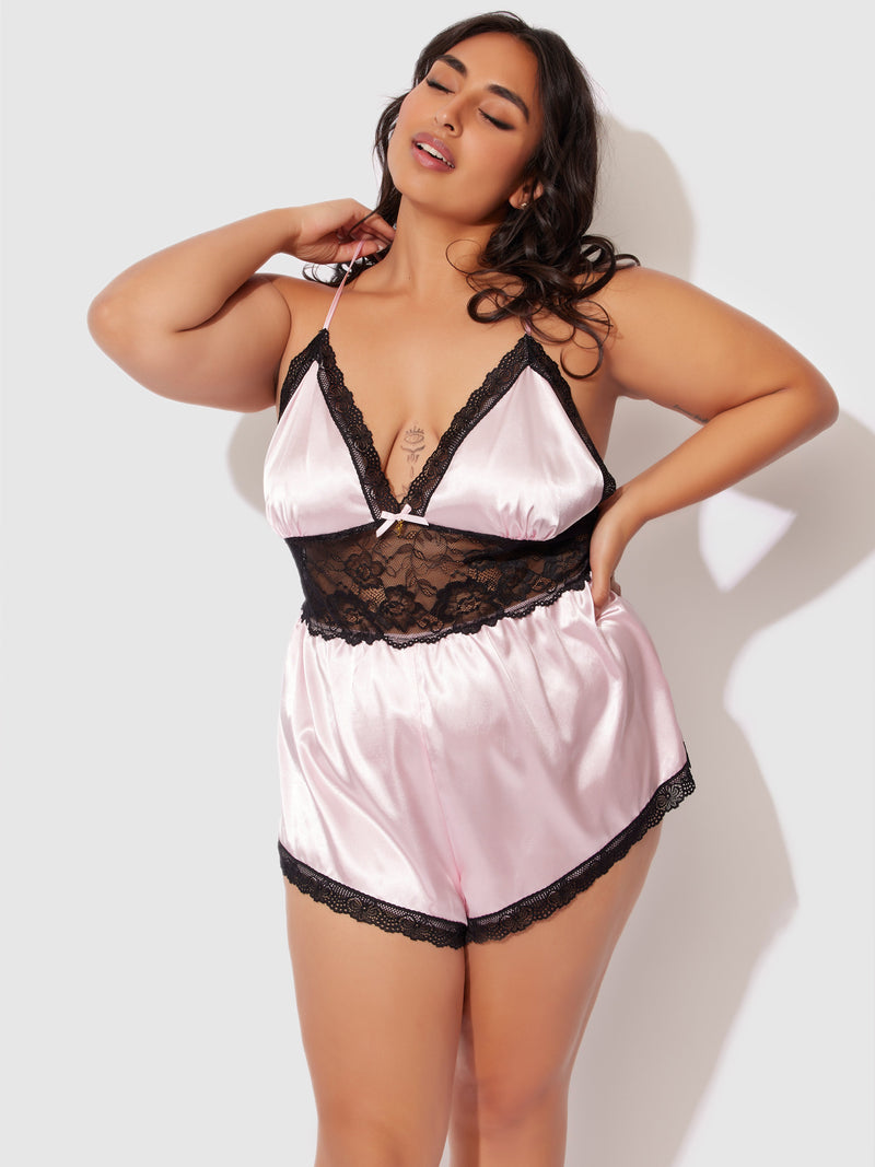 Elisa Satin & Lace Racerback Sleep Romper - Frederick's Of Hollywood