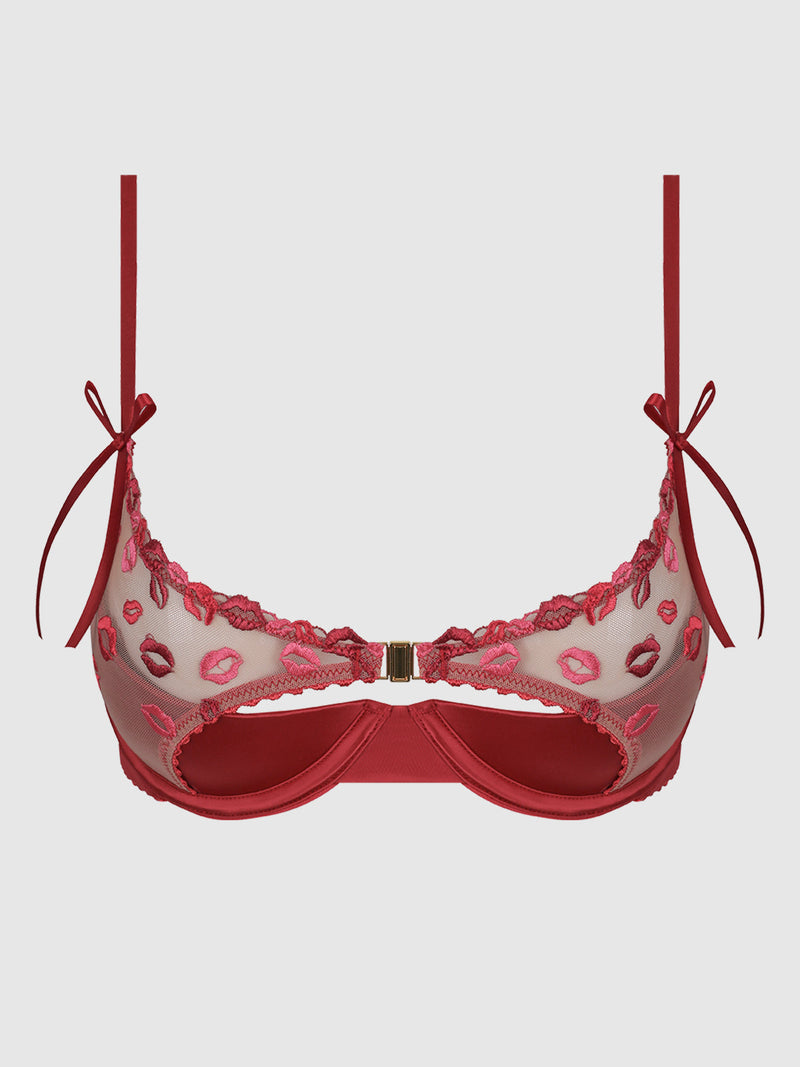 Angelica Lips Embroidery Open Cup Bra