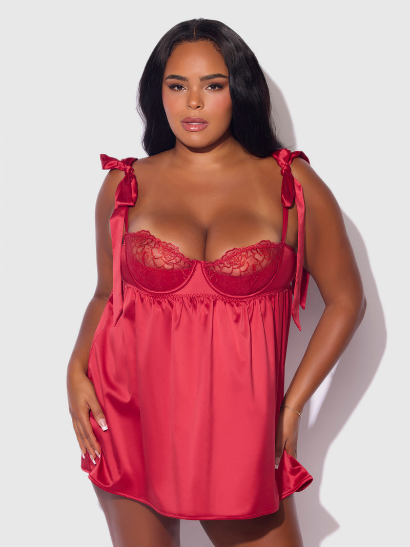 Melrose Satin & Embroidered Lace Underwire Babydoll Set