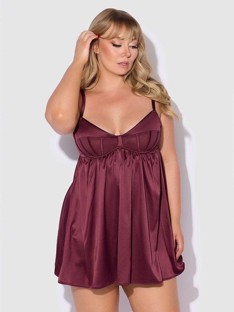 Petra Satin & Mesh Unlined Corset Cup Babydoll Set