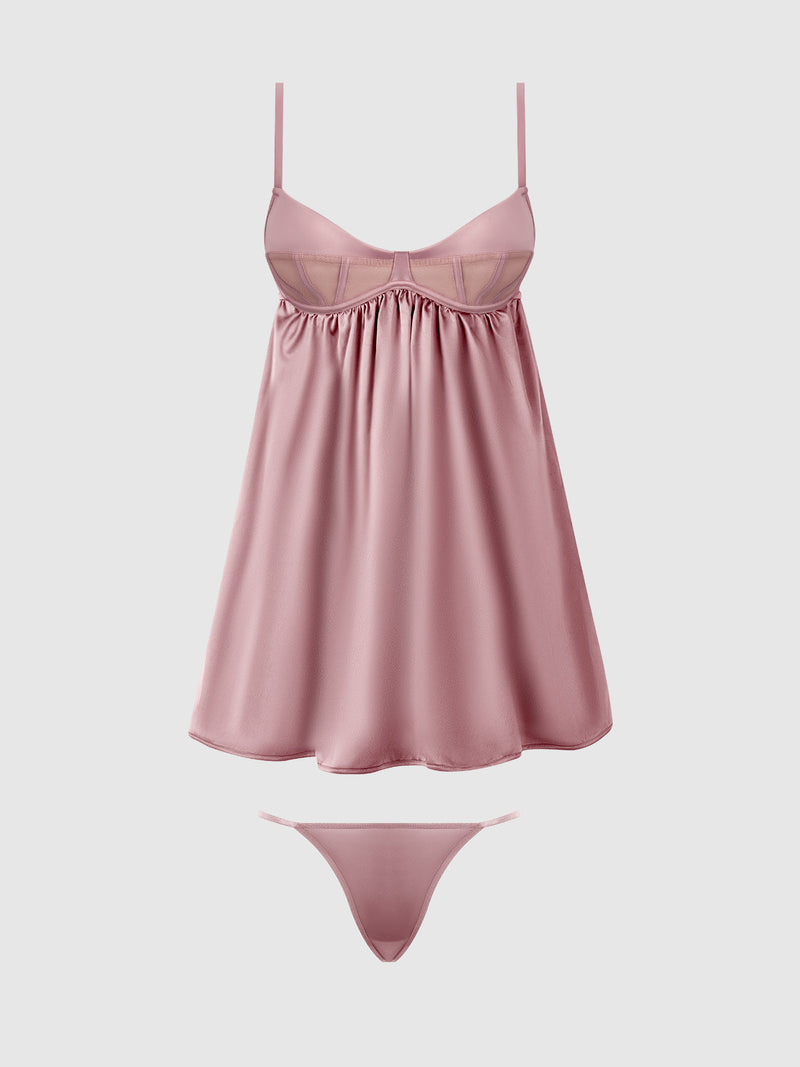Petra Satin & Mesh Unlined Corset Cup Babydoll Set