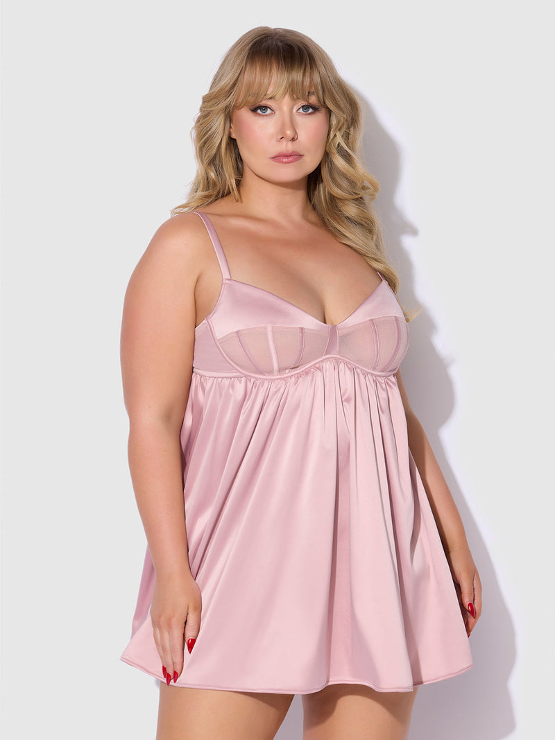 Petra Satin & Mesh Unlined Corset Cup Babydoll Set