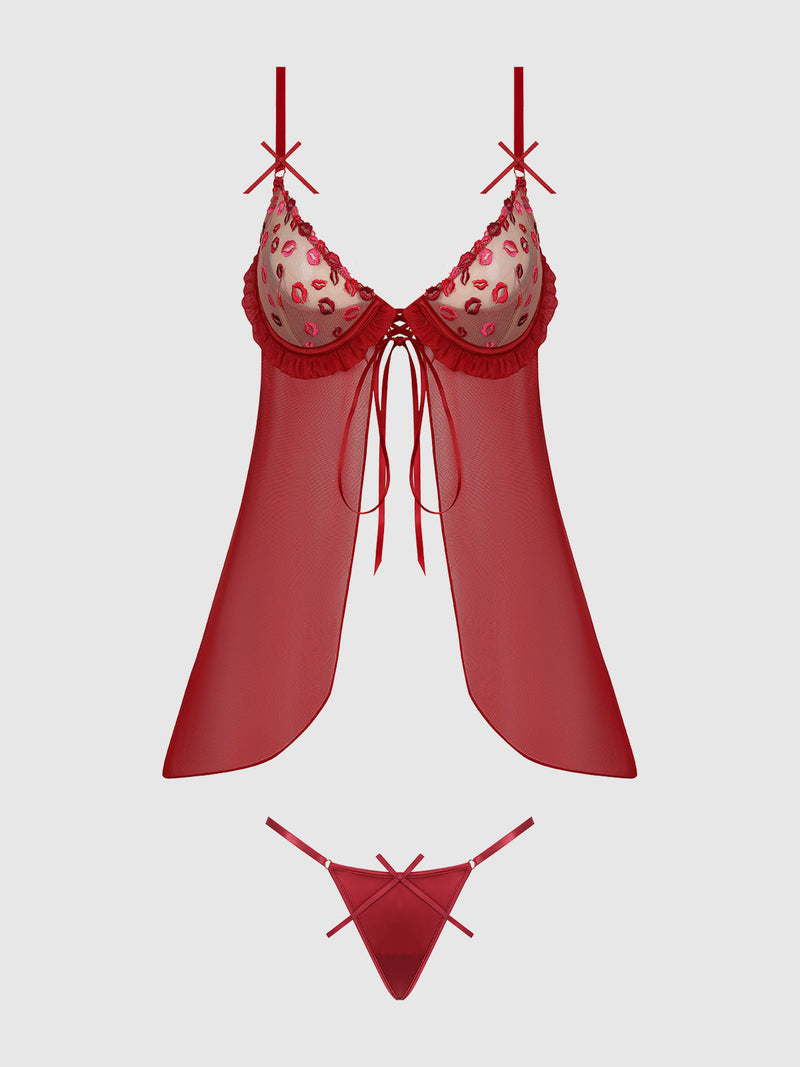 Angelica Lips Embroidery Babydoll Set