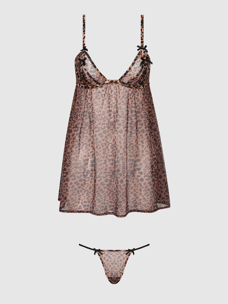 Kaia Leopard Mesh Underwire Babydoll & G-String Set