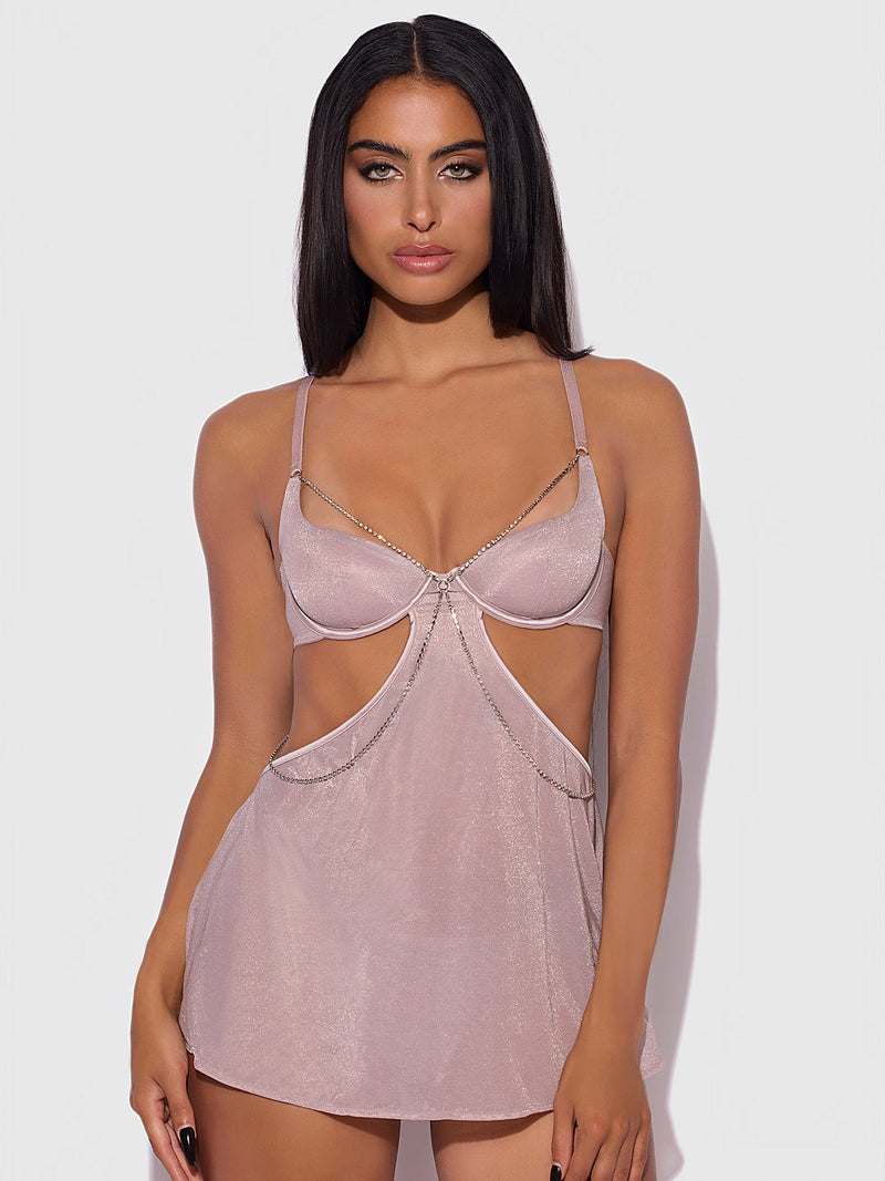 Pia Shine Mesh & Rhinestone Side Cutout Babydoll Set