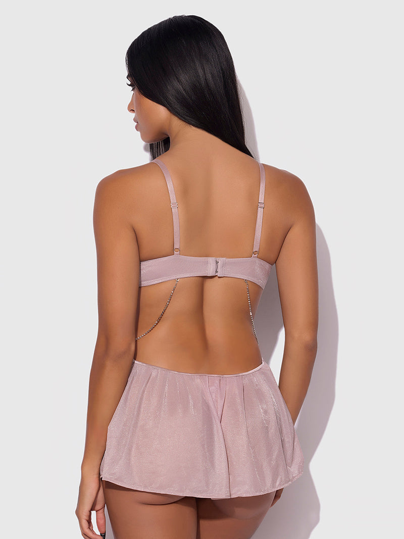 Pia Shine Mesh & Rhinestone Side Cutout Babydoll Set
