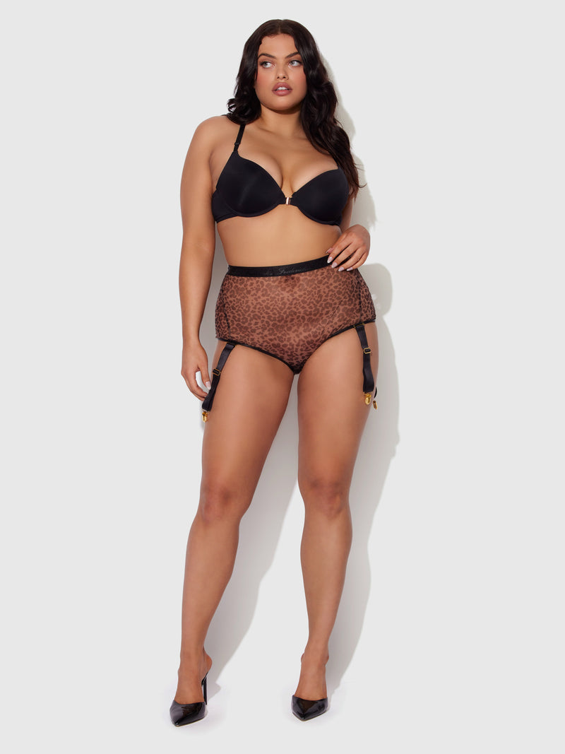 Pia Mesh Cutout & High-Waist Garter Panty in Leopard