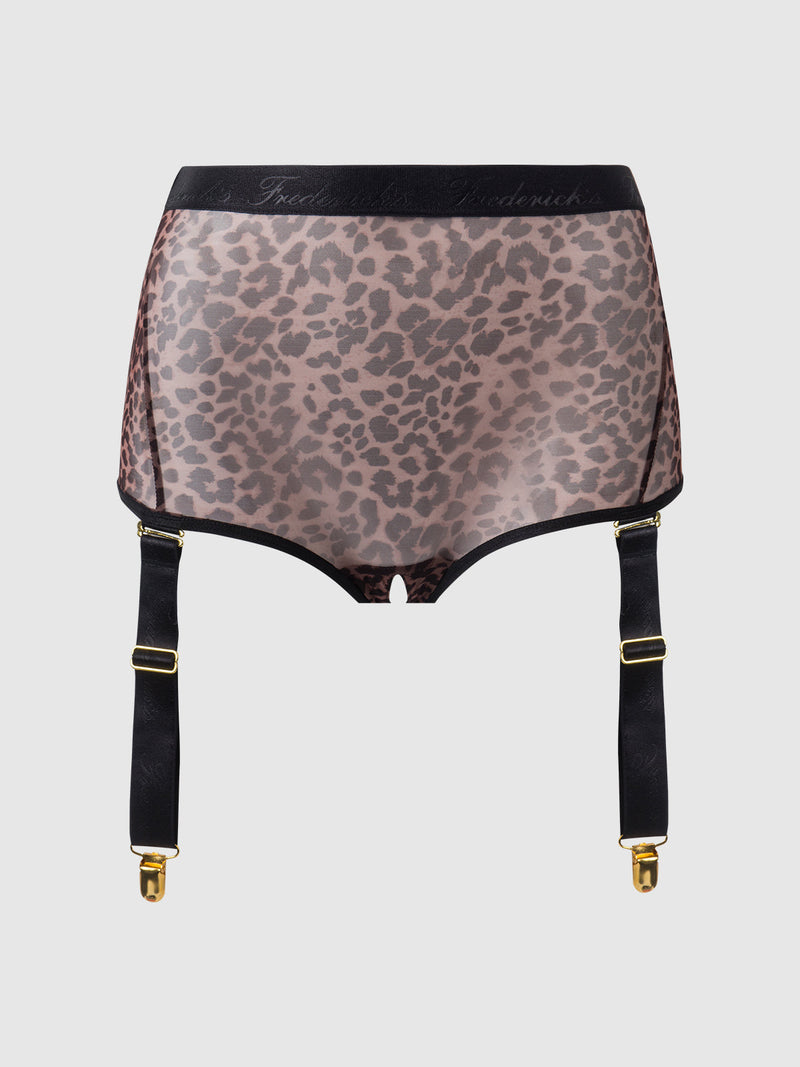 Pia Mesh Cutout & High-Waist Garter Panty in Leopard