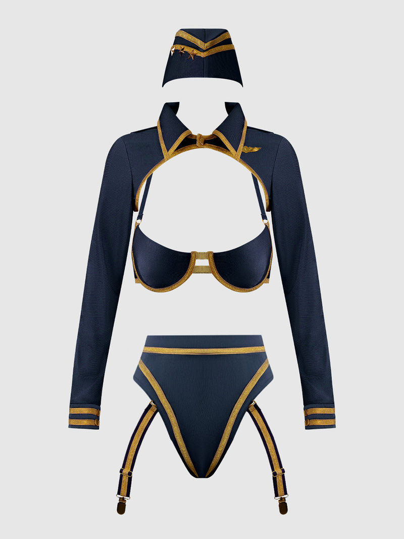 Flying High Pilot Bra Top, Hiwaist Panty & Hat Set