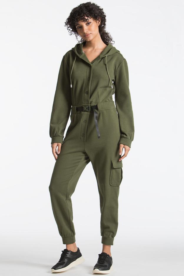 French Terry Hooded Cargo Jumpsuit