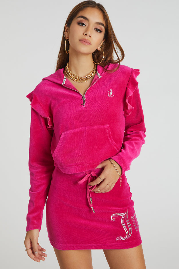 Bling Ruffle Sleeve Velour Hoodie