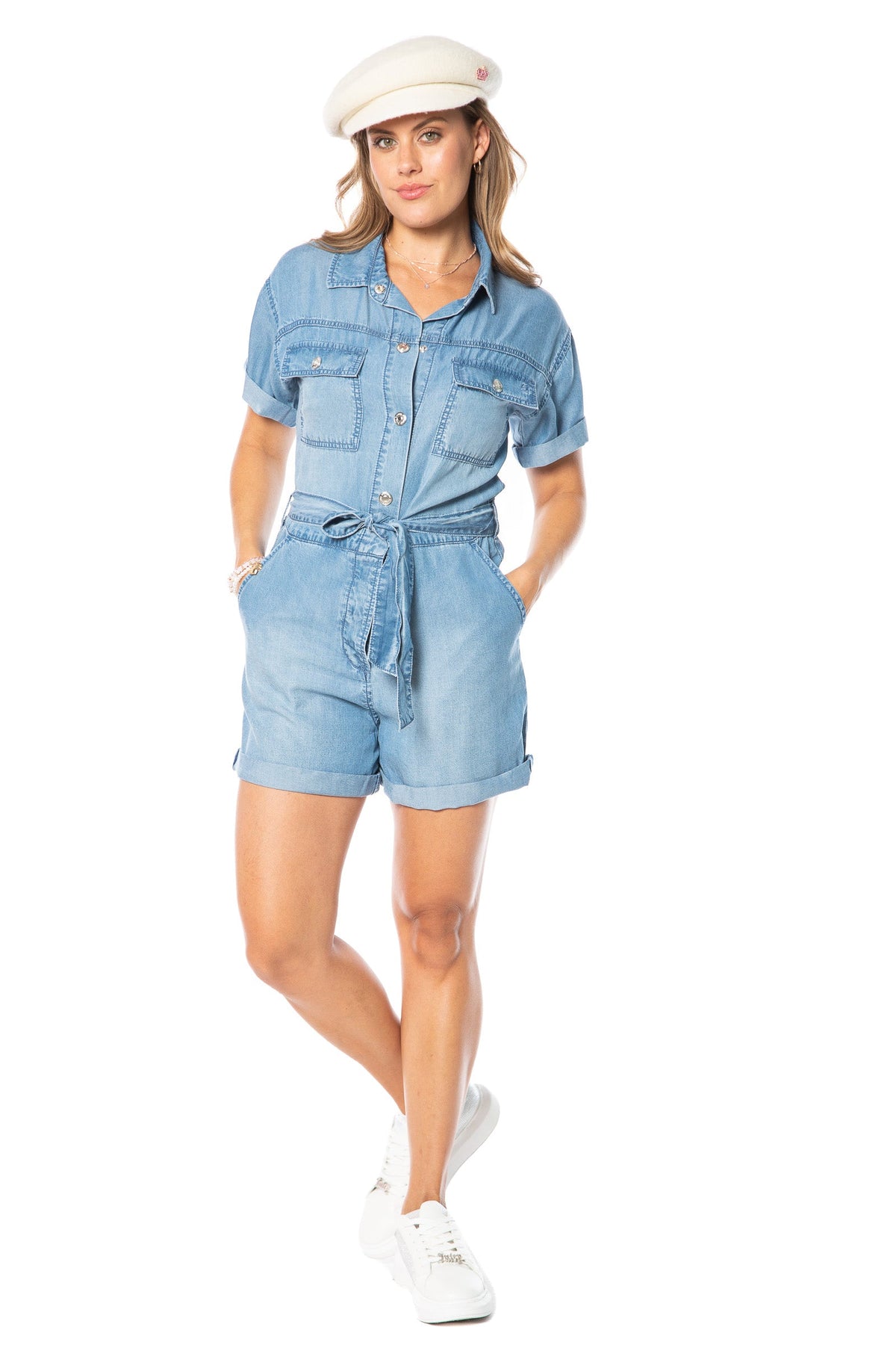 Denim Romper with Flap Pockets