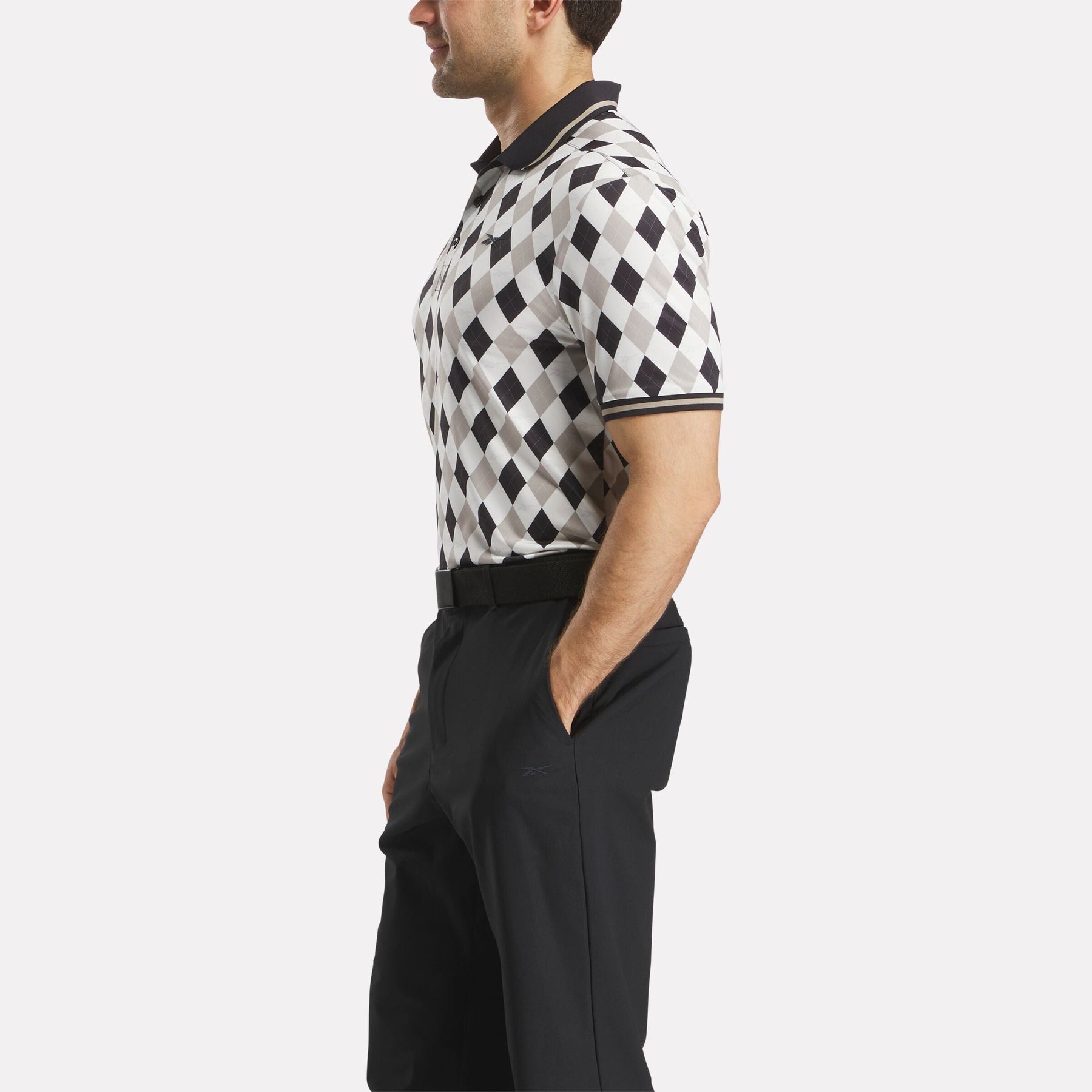 Men's Short Sleeve Vector Argyle Print Polo Shirt with Tipped Rib Trim